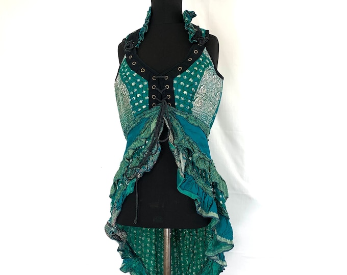 L. Sophia Steampunk Corset Dress with Hi-Low tiered skirt in Silk brocade,