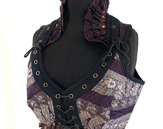 XL. Sophia Steampunk Corset Dress with Hi-Low tiered skirt in Silk brocade SKU:2000-1395