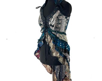 L. Sophia Corset Dress with a Hi-Low tiered skirt in Vintage Silk Brocade. Steampunk, Ren Faire, Festival  SKU:2000-8612