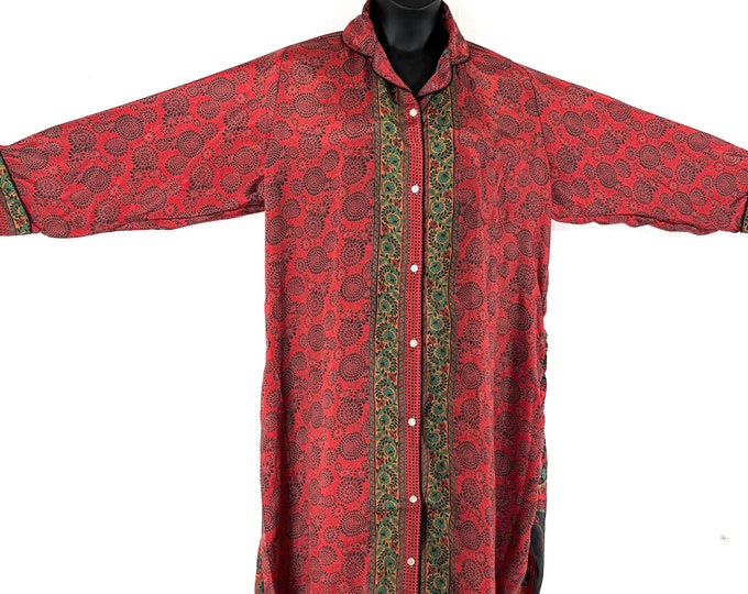 XL. Romilly Silk Shirt Dress, Long Sleeve with Pocket, Sari Soft, Loose & Comfy in Red and Green SKU:323-7708