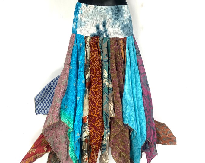 Billie Hippie Long Skirt; Handmade Patchwork Vintage Silk, Harem style for comfortable fit   SKU:747-5307