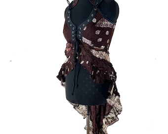 L. Sophia Corset Dress with a Hi-Low tiered skirt in Vintage Silk Brocade (SKU:2000-8616)