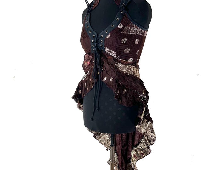 L. Sophia Corset Dress with a Hi-Low tiered skirt in Vintage Silk Brocade (SKU:2000-8616)