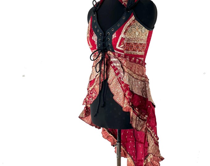 L. Sophia Corset Dress with a Hi-Low tiered skirt in Vintage Silk Brocade (SKU:2000-8608)