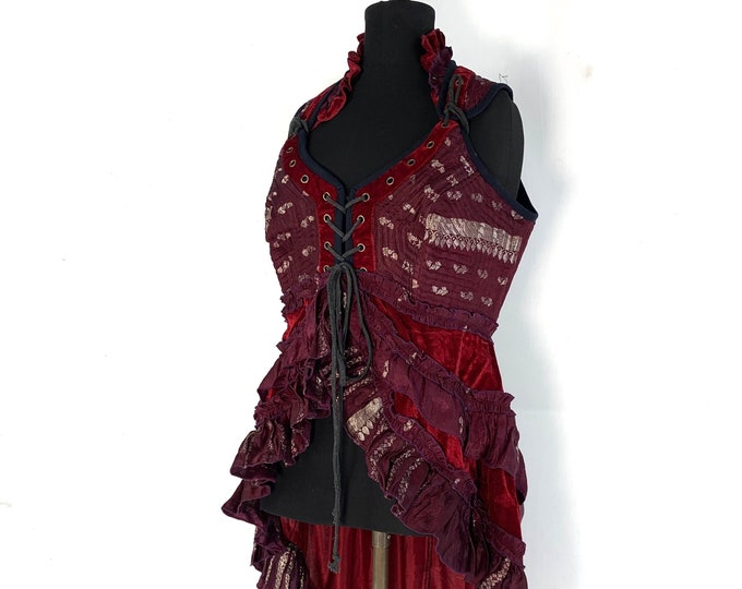 Cosmo Silk Velvet Corset Dress; Steampunk, Flamenco, Tribal, LARP, Fantasy, Goth, Bustle (UK-2XL  SKU:2003-4458)