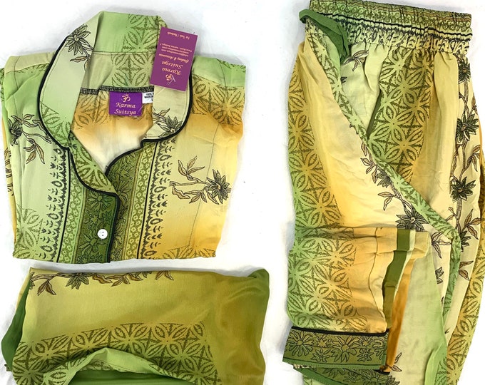 L. Luxury Silk Sari Pyjama Set with matching gift bag. Quality Handmade Nightwear. Perfect Valentine Gift for wife or girlfriend.