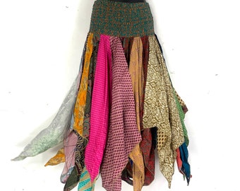 Billie Hippie Long Skirt; Patchwork Vintage Silk, Cottagecore Fairy Renfair(Harem style for comfortable fit)   SKU:747-5126