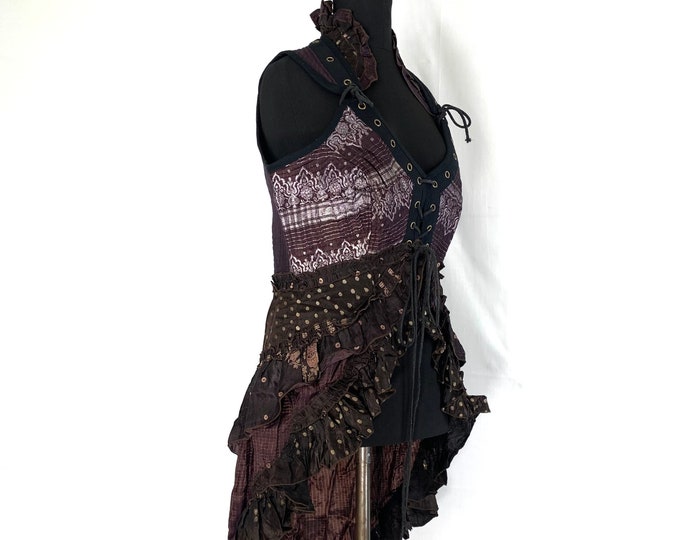 XL. Sophia Steampunk Corset Dress with Hi-Low tiered skirt in Silk brocade,