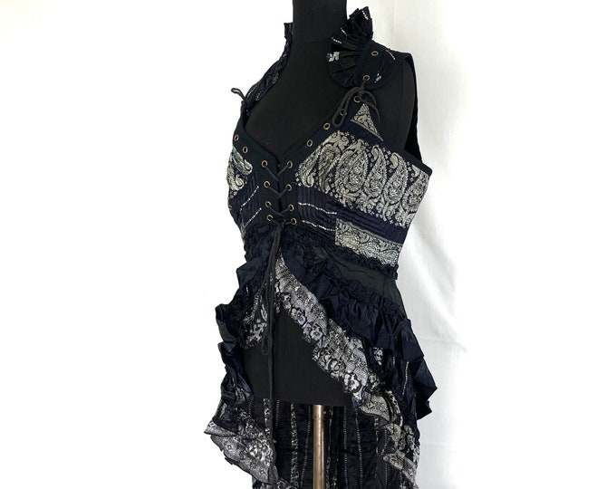 L. Sophia Steampunk Corset Dress with Hi-Low tiered skirt in Silk brocade,