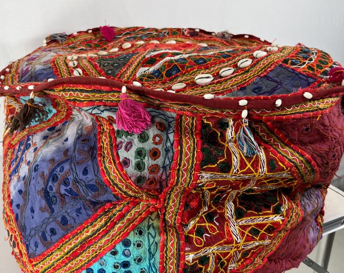 Handmade Vintage Fabric Pouf Cover – Indian Bohemian Decor (60 X 35cm)