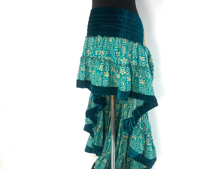 Layla Bohemian Hi Low Velvet Edged Skirt a Steampunk silky asymmetric flowing style skirt Pirate Belly dance, Summer skirt Boho Festival