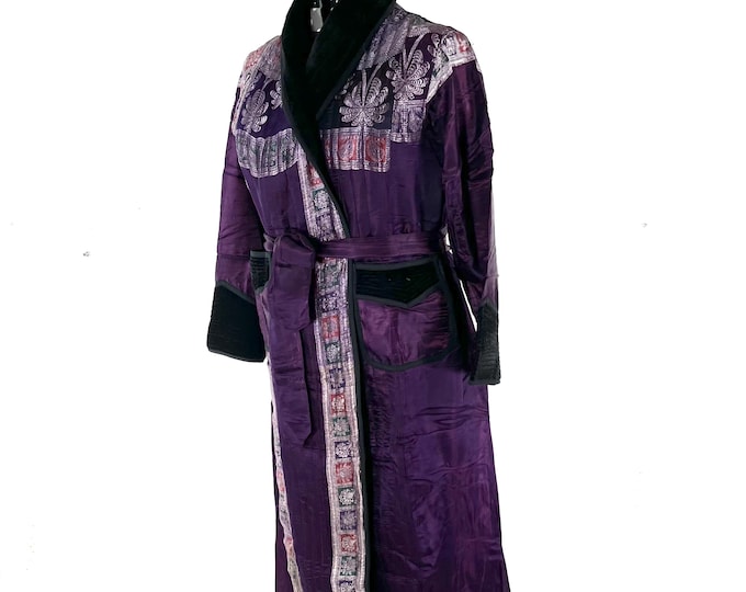 Long Silk Brocade Coat; Velvet Collar, purple silver jacket (SKU:3081-8534)