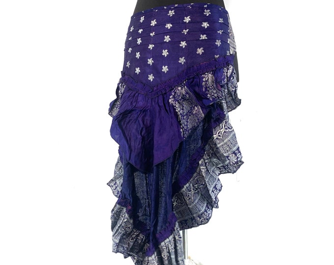 M. Bustle Wrap Over Skirt Vintage Silk Brocade, Luna Tribal Belly Dance mini skirt, Steampunk Festival Cosplay Tail Skirt SKU:221-4699