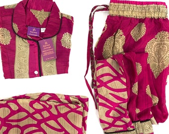 L. Luxury Silk Sari Pyjama Set with matching gift bag. Quality Handmade Nightwear. Perfect Valentine Gift for wife or girlfriend.