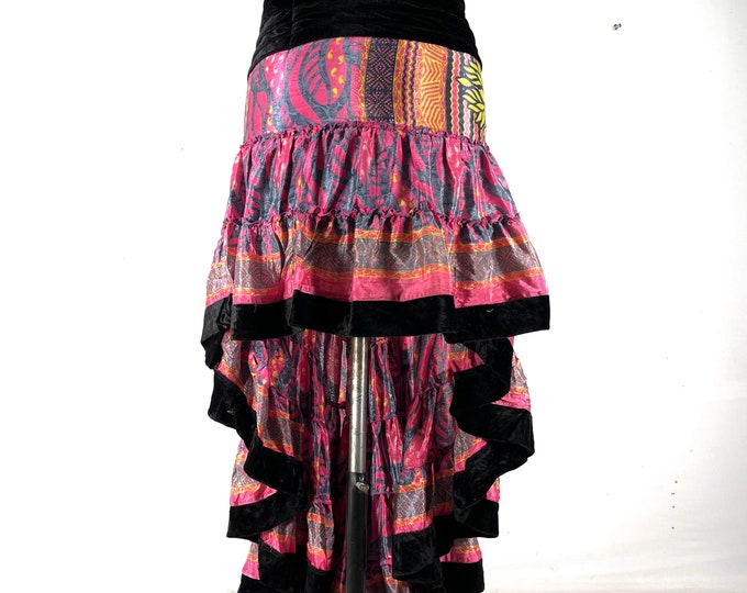 XL. Layla Bohemian High Low Skirt. Fits up to 50" (127cm) Silk Velvet Edged Boho Skirt. One Size Plus. SKU:734-8055