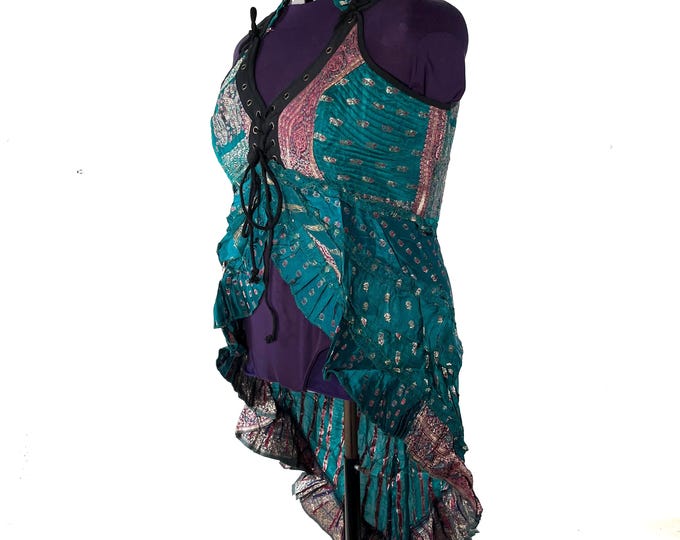 5XL Sophia Corset Dress with Hi-Low skirt Silk brocade. Handmade Renaissance Steampunk  (SKU:2000-8489)