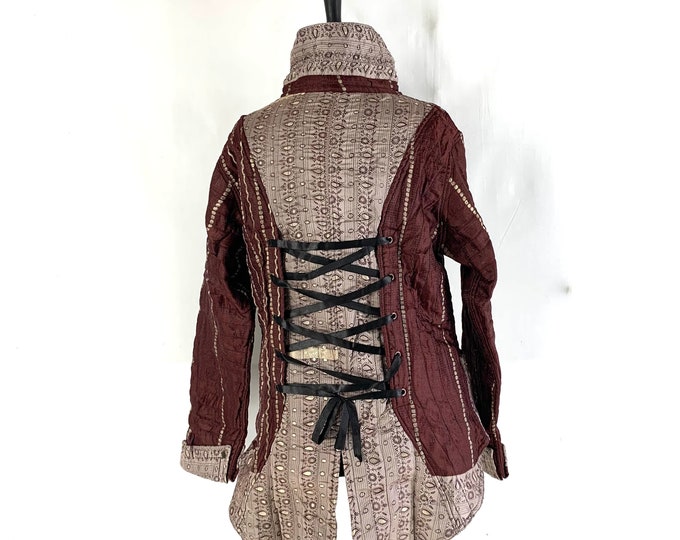 3XL. Steampunk Silk Brocade Tailcoat. Unisex & Unique, Fleece lined Pirate Coat. Corsetage at back