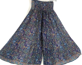 Summer Silk Culottes Ostara Festival Blue Paisley Elasticated Waist Wide Leg Trouser Palazzo Pant - Eloise Delilah Corlissa by Karma Suitsya