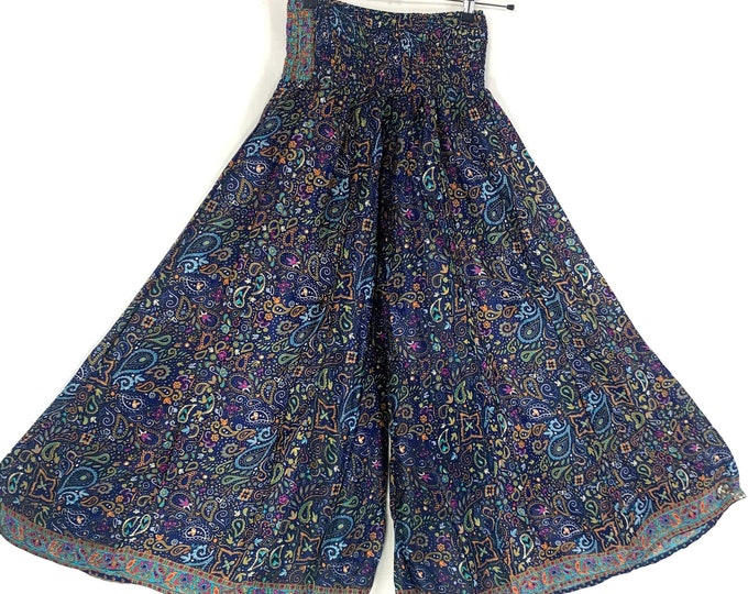 Summer Silk Culottes Ostara Festival Blue Paisley Elasticated Waist Wide Leg Trouser Palazzo Pant - Eloise Delilah Corlissa by Karma Suitsya