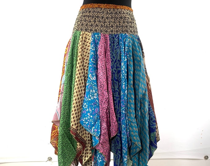 XL. Billie Long Handkerchief Skirt in One Size elasticated waist, crafted from eco-friendly vintage Silk Sari pieces  SKU:750-6429