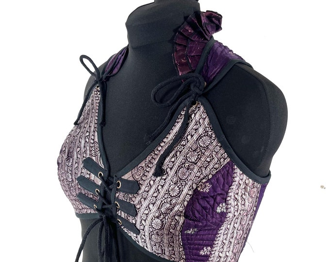 XXL. Fae Corset Top; Ren Faire, handmade purple & silver silk brocade  SKU:3035-8101