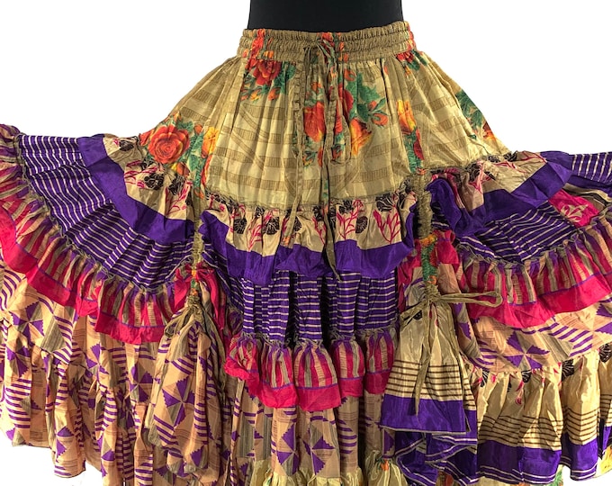 Jazmyn XL 25 yard Gypsy Light Summer Silk Skirt; Boho Peasant Skirt Flamenco gold purple Bellydance Tribal Fusion  SKU:737-6866