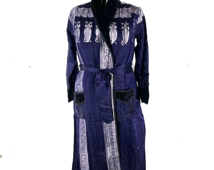 Long Vintage Silk Brocade Coat; High Velvet Collar, 3 pockets, blue & silver unisex wrap jacket with belt SKU:3081-8532
