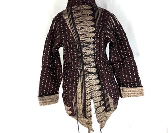 3XL. Steampunk Pirate Tailcoat handmade in Silk Brocade, cosy fleece lined coat with brass poppers, pockets & laced back. SKU:549-4317