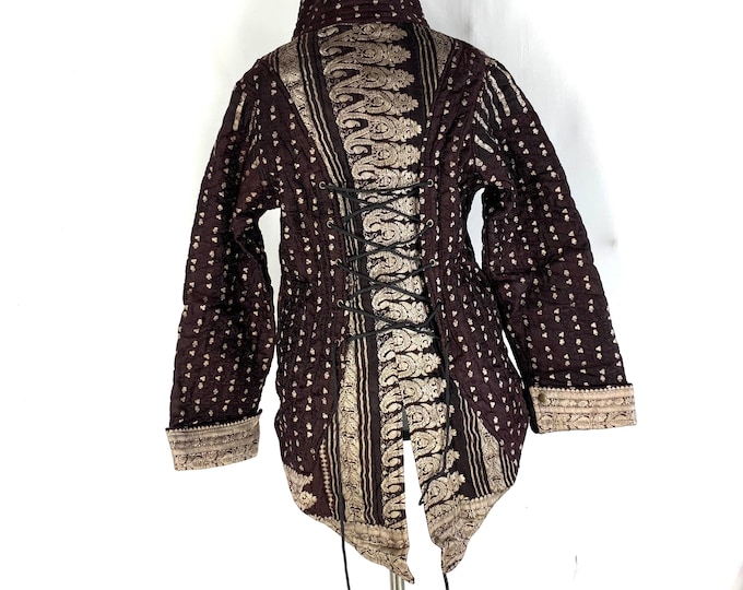 3XL. Steampunk Pirate Tailcoat handmade in Silk Brocade, cosy fleece lined coat with brass poppers, pockets & laced back. SKU:549-4317