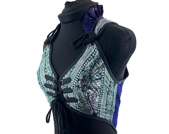 S. Fae Corset Top - Purple & Silver Bra Top - Vintage Silk Brocade  (SKU:3031-9758)