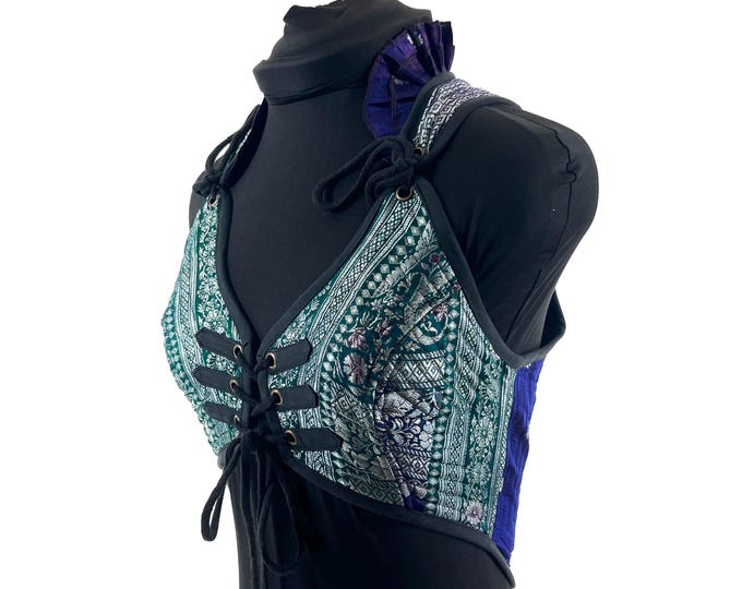 S. Fae Corset Top - Purple & Silver Bra Top - Vintage Silk Brocade  (SKU:3031-9758)
