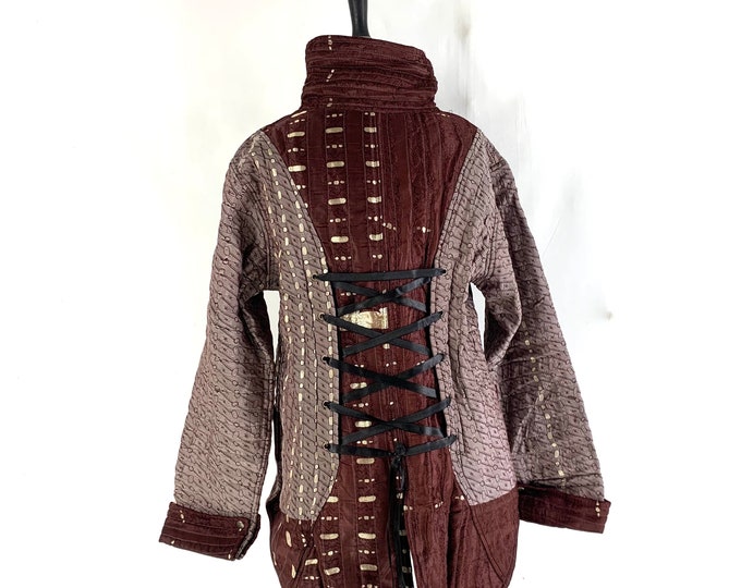 3XL. Steampunk Silk Brocade Tailcoat. Unisex & Unique, Fleece lined Pirate Coat. Corsetage at back
