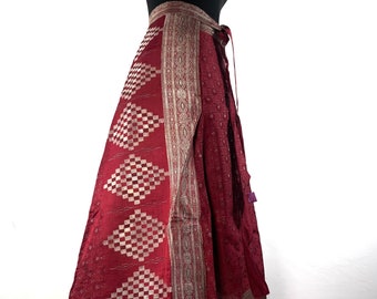 Pahala Midi Wrap Skirt in Upcycled Heavy Silk Brocade Sari. (One Layer A-Line Saree Wrap Skirt)  SKU:2031-6359