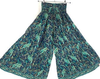 Women's Wide Leg Pants, Gaucho Trousers in Spring Garden Silk 3 Sizes Culottes Elasticated Waist Palazzo