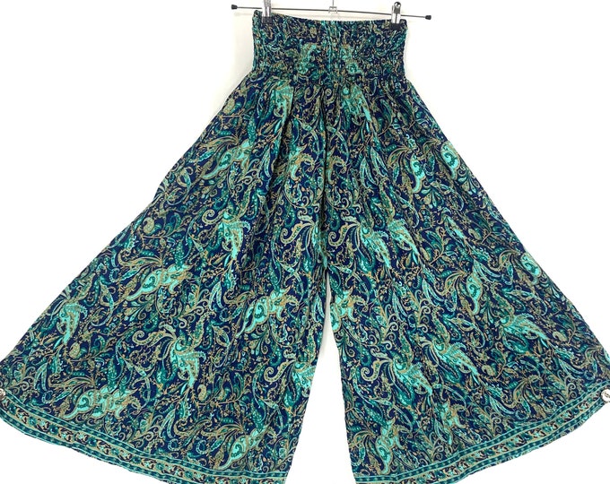 Women's Wide Leg Pants, Gaucho Trousers in Spring Garden Silk 3 Sizes Culottes Elasticated Waist Palazzo  (Eloise Delilah Corlissa)