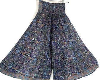 Summer Silk Culottes Ostara Blue Paisley Elasticated Waist Wide Leg Trouser Palazzo Pant