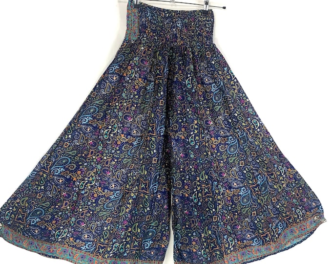 Summer Silk Culottes Ostara Blue Paisley Elasticated Waist Wide Leg Trouser Palazzo Pant