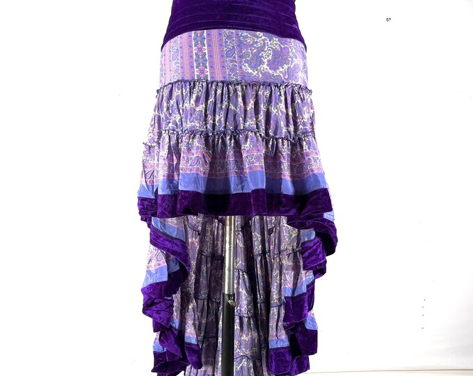 XL. Layla Bohemian High Low Skirt. Fits up to 50" (127cm) Silk Velvet Edged Boho Skirt. One Size Plus. SKU:734-8052