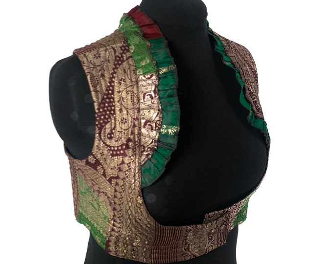 3XL. Underbust Corset Bustier Bodice Top. Up-Cycled Silk Brocade Choli Plus Size Laced Top SKU:446-6712