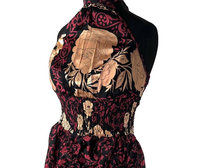 Sadie Silk Pixie Fantasy Dress a One Size Goddess Dress, Hippie Boho Summer Halter Dress with a ruched skirt. SKU:1031-8375