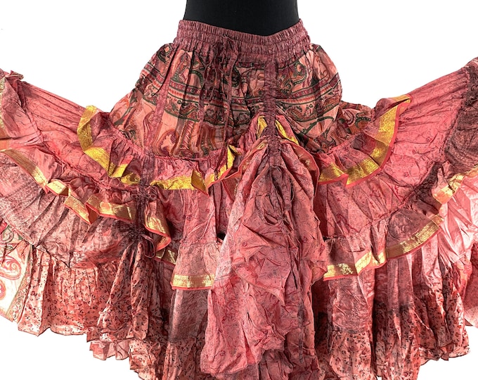 Yasmin 25 yard Gypsy Winter Silk Boho Skirt; One Size pinks and gold Bellydance Skirt, a comfortable skirt for winter SKU:740-6847