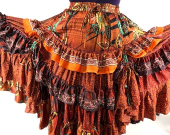 Jazmyn XL 25 yard Gypsy Light Silk Skirt; Boho Peasant Skirt Flamenco Orange Ocre Bellydance Tribal Fusion  SKU:737-7051