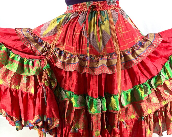 Jazmyn XL 25 yard Gypsy Light Silk Skirt; Boho Peasant Skirt Flamenco Red Pink Bellydance Tribal Fusion  SKU:737-7057