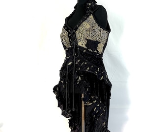 XL. Cosmo Silk Velvet Corset Dress. Steampunk Style, Flamenco, Tribal, Pagan, Fantasy, Goth, Bustle, Tutu