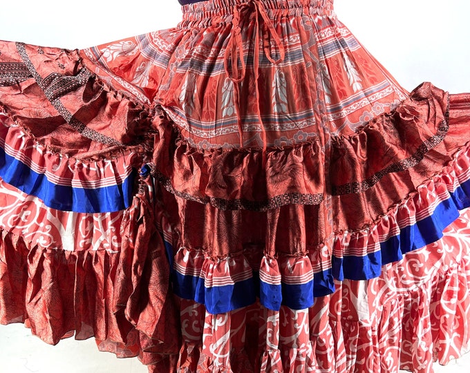 Jazmyn XL 25 yard Gypsy Light Silk Skirt; Boho Peasant Skirt Flamenco Pink Blue Bellydance Tribal Fusion  SKU:737-7063