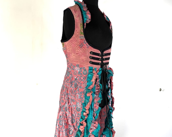 XL. Celeste Bustier Dress. Underbust Corset with adj tail length handmade Vintage Silk Steampunk Renaissance Dress SKU:982-5451