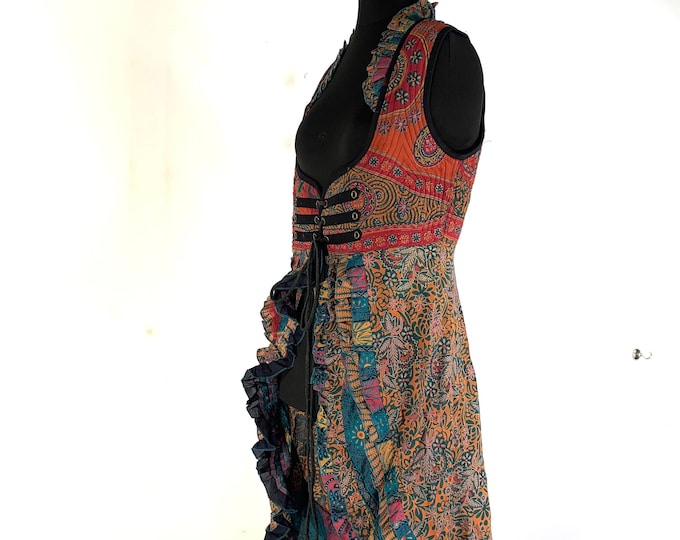2XL. Celeste Bustier Underbust Corset Dress with adj tail length handmade in Vintage Silk. (LARP, Steampunk, Renaissance) SKU:981-5473
