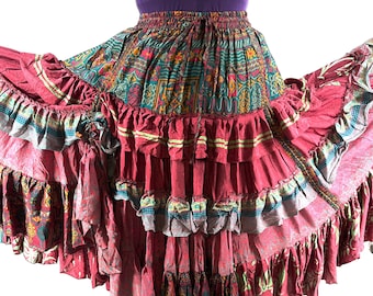 Jazmyn XL 25 yard Gypsy Light Silk Skirt; Boho Peasant Skirt Flamenco Pink Green Bellydance Tribal Fusion  SKU:737-7055