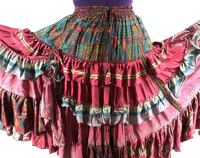 XL Jazmyn 25 yard Gypsy Light Silk Skirt; Boho Peasant Maxi Skirt Flamenco Pink Green Bellydance Tribal Fusion SKU:737-7055