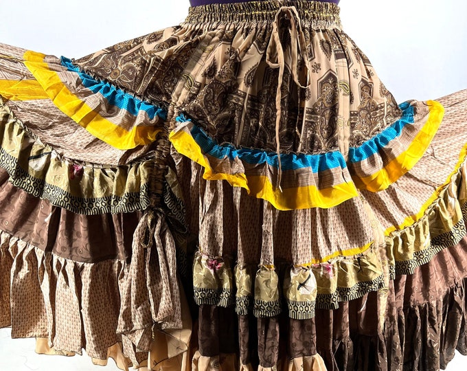 Jazmyn XL 25 yard Gypsy Light Silk Skirt; Boho Peasant Skirt Flamenco Tan Yellow Bellydance Tribal Fusion  SKU:737-7062